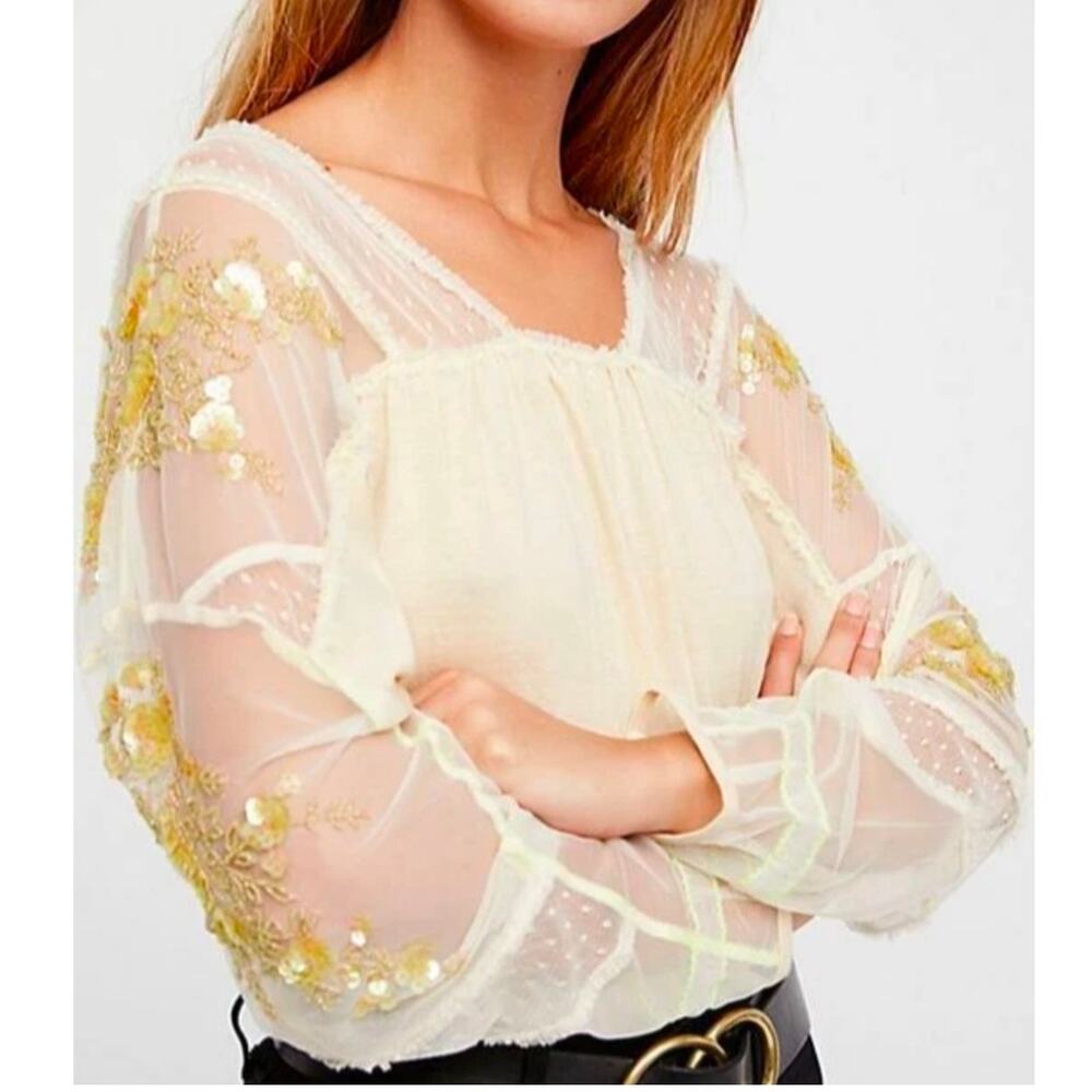 Free People Embellished Mesh Sleeve Smocked Top Cream Size Medium Sequin Beaded